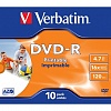 Записываемый DVD-диск DVD-R VERBATIM 4.7ГБ, 16x, 10шт/уп, Jewel Case, Printable, (43521), матовая поверхность