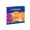 Записываемый DVD-диск DVD-R VERBATIM 4.7ГБ, 16x,  5шт/уп, Slim Case, Color, (43557)